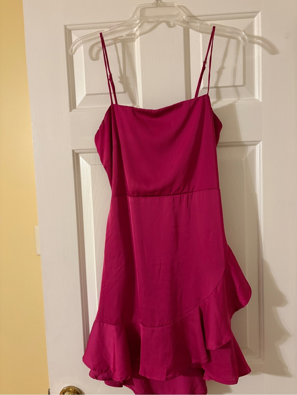 Lovely Day hot pink satin mini dress. Adjustable straps, open tie back. Size M